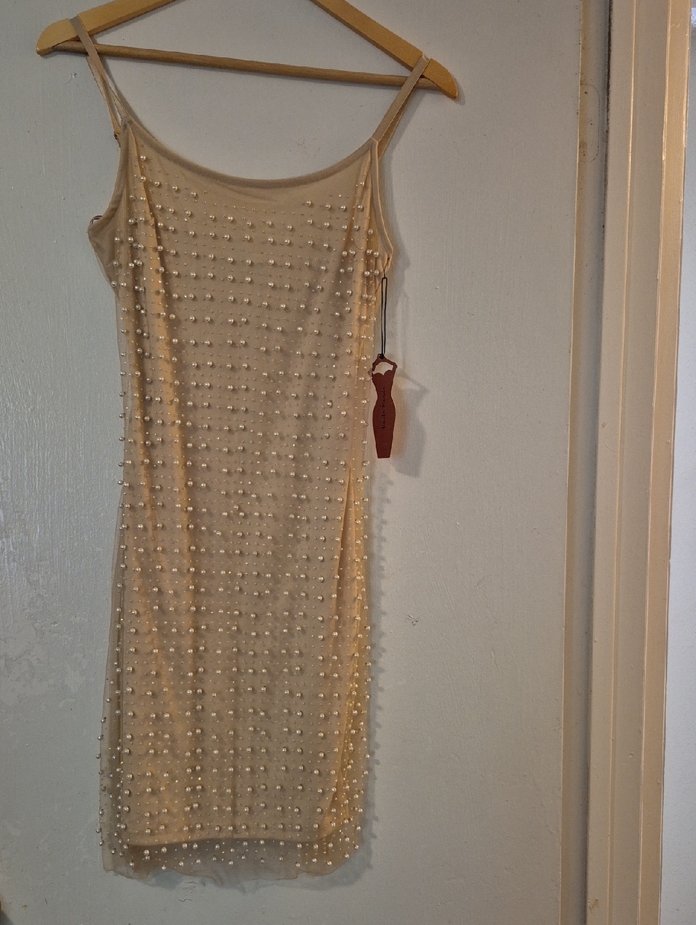 Haute Monde Cream Pearl-Embellished Slip Dress